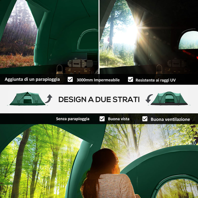 Tenda da Campeggio Idrorepellente 455x230x180 cm 6 Posti con Protezione UV e Pali in Fibra di Vetro Verde  