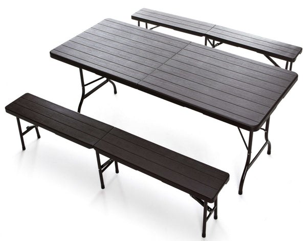 Klappbares Gartenbierset aus Eisentisch 180x75 cm und 2 Bänken Taddei Plastik Holz dunkelbraun acquista