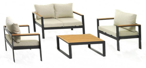 sconto Gartengarnitur Sofa, 2 Sessel und Couchtisch aus dunkelgrauem Aluminium