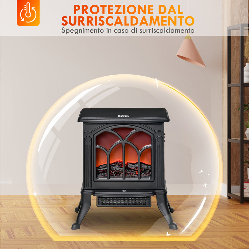 Camino Elettrico da Terra con 2 Livelli di Potenza 750-1500W Effetto Fiamma 37,3x23,1x44 cm Nero      