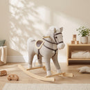 Cavallo a Dondolo per Bambini 1-3 Anni 71x30x68 cm con Suoni di Zoccoli e Nitriti in Tessuto Effetto Lino e Legno Massello Grigio      