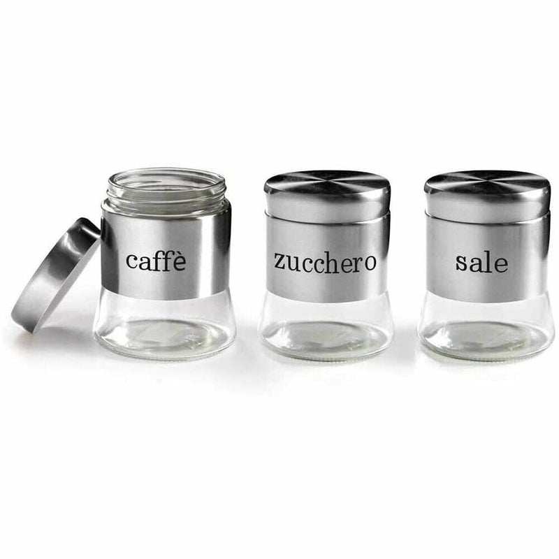 Set 3 Barattoli Porta Caffè Zucchero Sale Metallo Acciaio 750ml Accessori Cucina