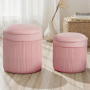 Set 2 Pouf Poggiapiedi Rotondi Impilabili Contenitore da 34.8L Imbottiti con Rivestimento in Velluto Rosa      