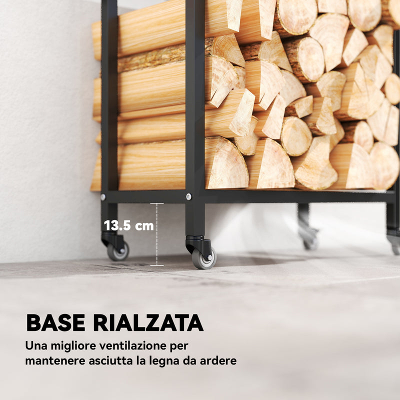Portalegna da Esterno e Interno 60x30x119 cm a Due Livelli con Ruote in Acciaio Rinforzato Nero      