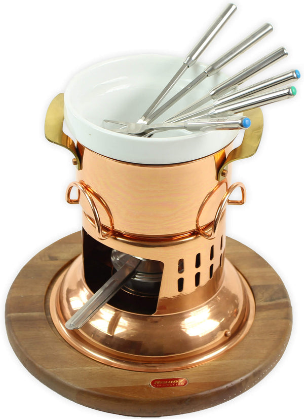 Schokoladentopf aus Kupfer mit 6 Gabeln und Sockel aus Alexanderholz online