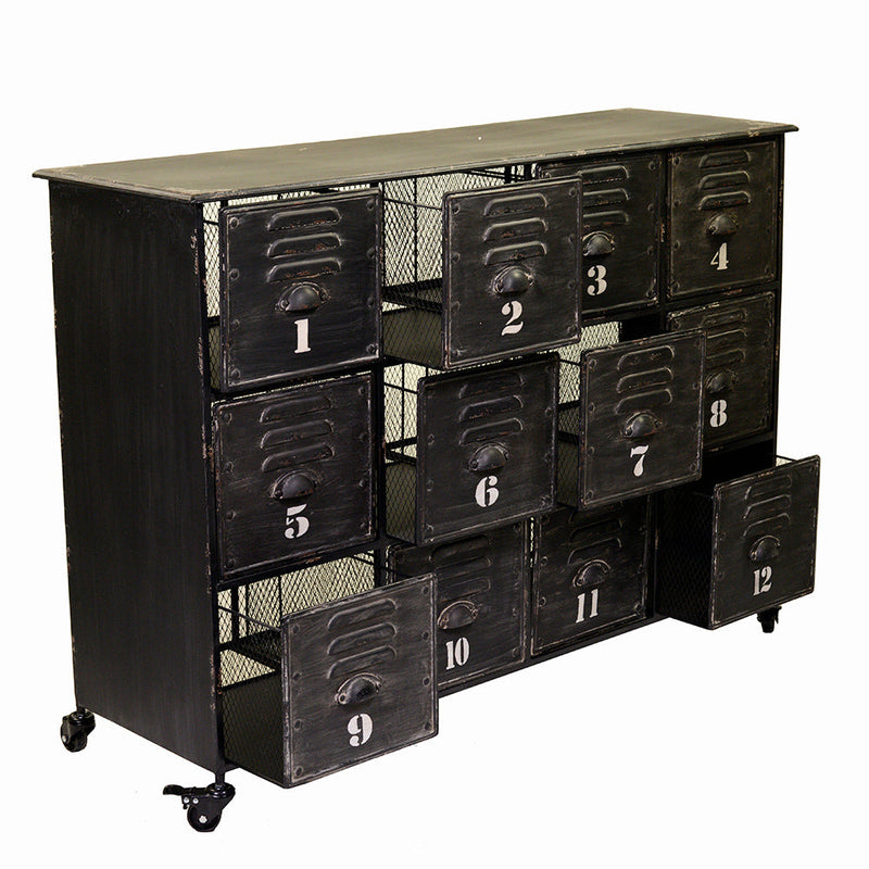 Cassettiera in Ferro 12 Cassetti e Ruote 127x39,5x92cm Iron Nera