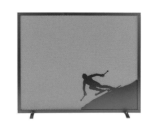 Parascintille per Camino a 1 Anta Design Sciatore 60x51 cm in Ferro Verniciato Grigio Martellato