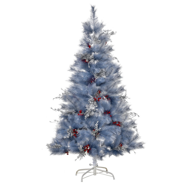Künstlicher Weihnachtsbaum 150 cm 222 Äste mit silbernen Blättern und roten Beeren acquista