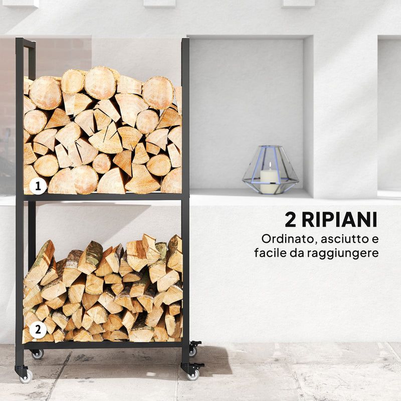 Portalegna da Esterno e Interno 60x30x119 cm a Due Livelli con Ruote in Acciaio Rinforzato Nero      