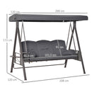Dondolo da Giardino 3 Posti 208x120x172 cm Tetto Regolabile Portabicchieri e Cuscini Grigio 