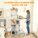 Albero Tiragraffi per Gatti 60x40x170 cm con 2 Casette Amaca Tunnel e Lettino Pali in Sisal Grigio      