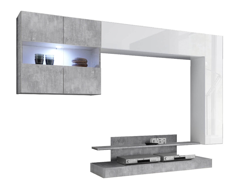 Parete Attrezzata Mobili Soggiorno 2 Pensili 1 Mobile TV 1 Vetrina in Melaminico 248x40x175cm TFT Nico Bianco Cemento