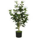 Pianta Finta di Camelia con Fiori Realistici 176 Foglie in PEVA e Vaso Nero in PP Riempito in Cemento Bianco      