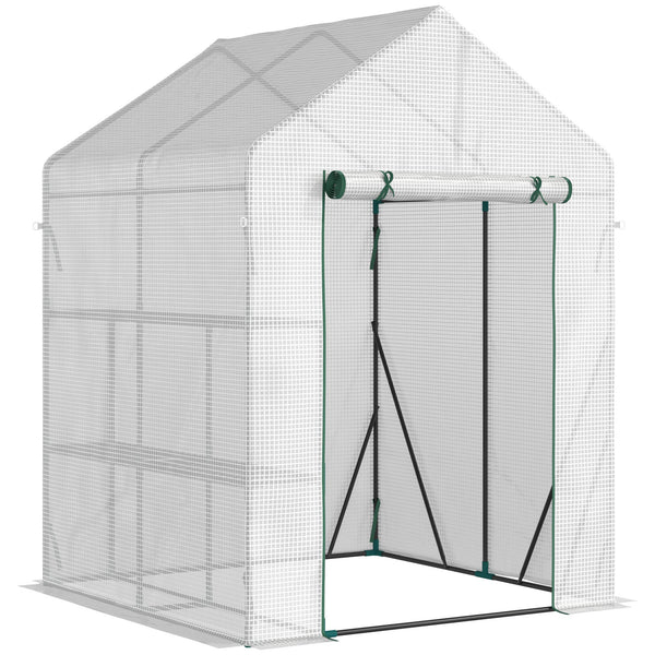 sconto Gartengewächshaus mit 2 Regalen 143 x 143 x 195 cm, weiße Rolltür
