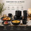 Servizio Piatti 16 Pezzi Design Moderno per 4 Persone in Gres Smaltato Nero      