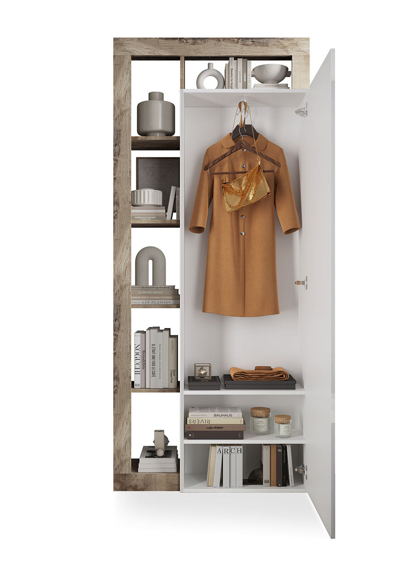 Armadio Guardaroba Ingresso con Ripiani a giorno e Specchio 90,5x30x210 cm Hamburg Bianco Lucido e Pero