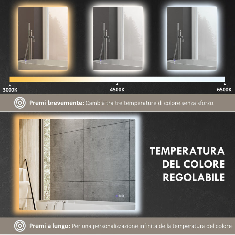 Specchio da Bagno Antiappannamento Retroilluminato LED Luminosità Regolabile 80x60x4 cm  
