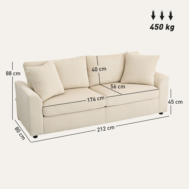 Divano 3 Posti con Molle Insacchettate e 2 Cuscini 212x80x88 cm in Velluto a Coste Bianco Crema  