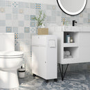 Mobile Bagno Stretto 52x17x67 cm con Ruote Ante Scorrevoli Ripiani Regolabili e 2 Fori per Carta Igienica Bianco      