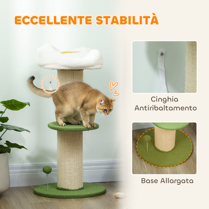 Albero Tiragraffi per Gatti Alto 92 cm con Palo in Sisal e Lettino a Forma di Fiore Verde      