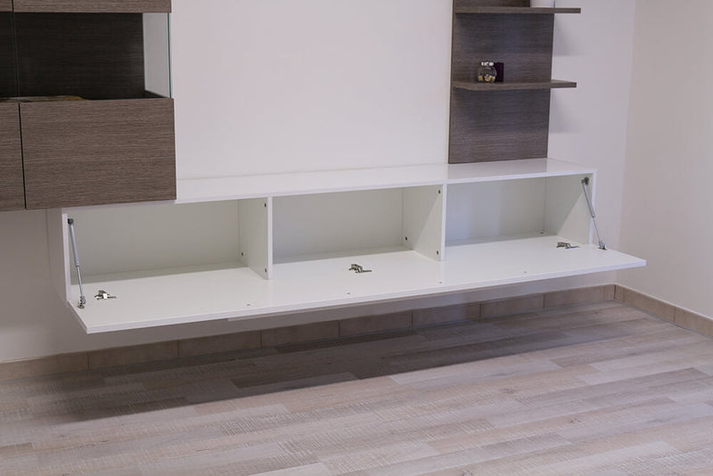 Parete Attrezzata Mobili Salotto 3 Mobili Sospesi 1 Libreria a Parete 342x36x191cm TFT  Line Bianco Lucido Quercia Grigio