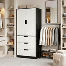 Armadio 2 Ante con 3 Cassetti 80x50x180 cm con Barra Appendiabiti in Melamina Nero Bianco      