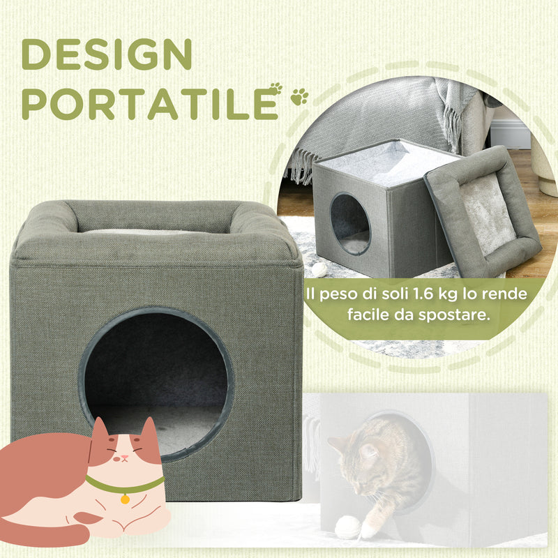 Cuccia a Casetta per Gatti a 2 Livelli 36,5x36,5x33 cm con Cuscino in Peluche in MDF e Poliestere Verde 