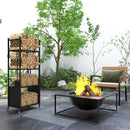 Porta Legna per Interni ed Esterni 45x30x118 cm con Ruote e 4 Utensili Pala Attizzatoio Spazzola e Pinze in Metallo Nero      
