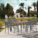 Set Tavolo e 6 Sedie da Giardino  in Acciaio Legno e Rattan Grigio
