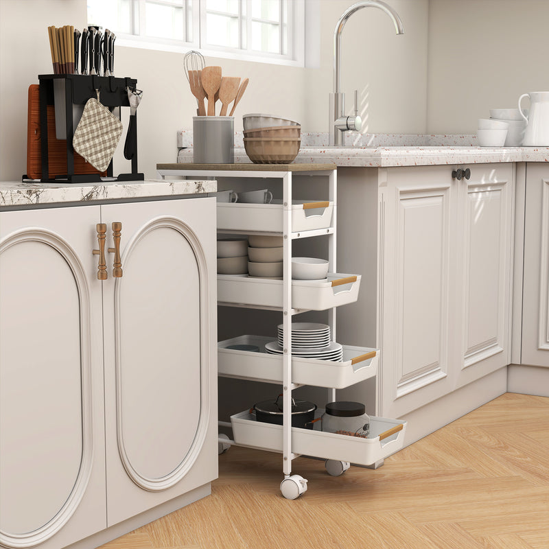 Carrello da Cucina a 5 Livelli 39,5x24x82 cm con 4 Cesti Estraibili in PP e Legno Bianco  