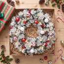 Ghirlanda Natalizia Innevata Ø60x12 cm con Luci LED 8 Modalità 140 Rami 8 Bacche e 15 Palline in PVC e Acciaio Verde      