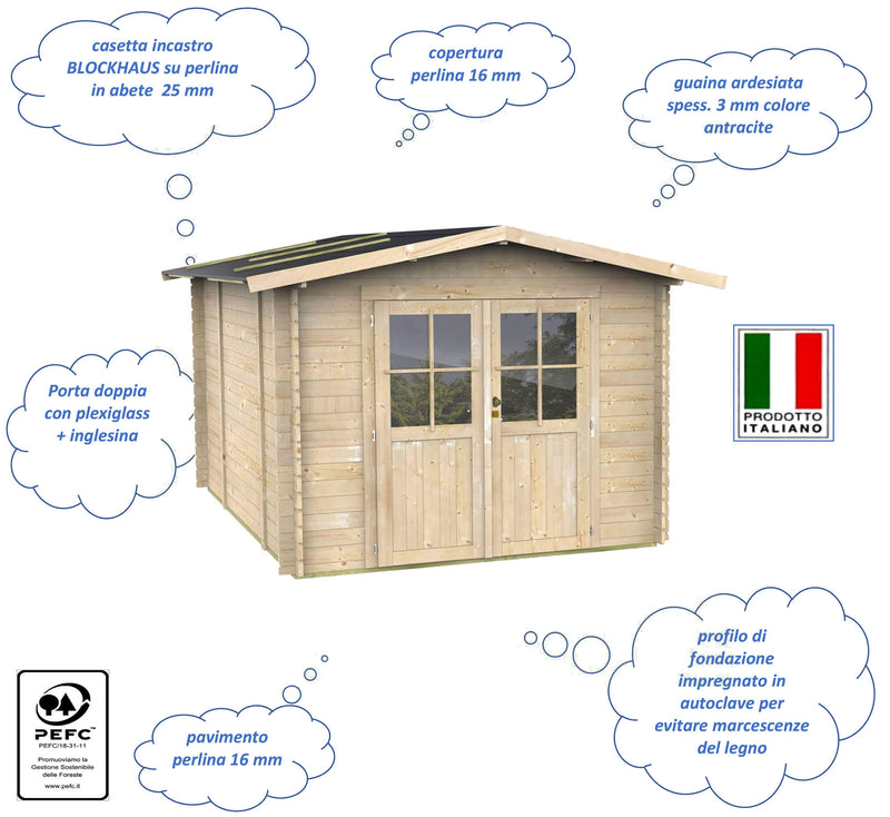 Casetta Box da Giardino per Attrezzi 300x250 cm con Porta Doppia Finestrata in Legno Naturale