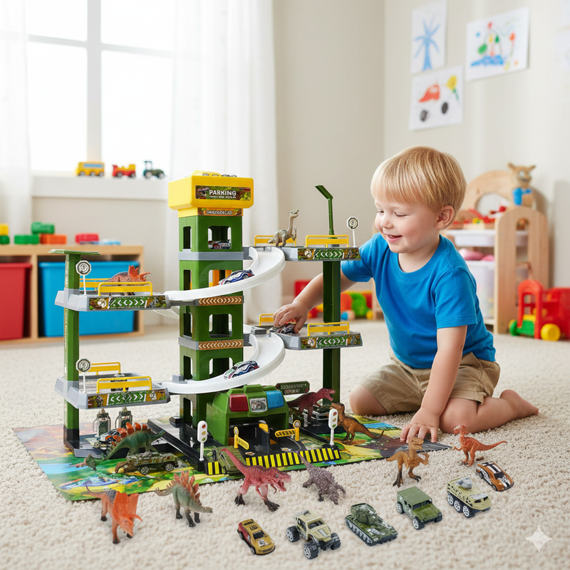 Garage GiocattoloMultilivello per Bambini con Dinosauri e Auto 5 Piani Multicolore