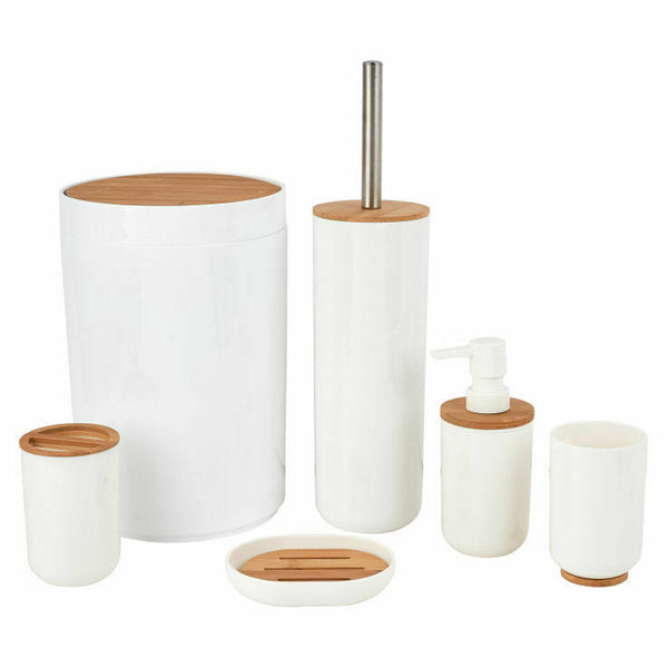 sconto Set da Bagno in Legno Bamboo e Plastica Bianco e Naturale 6pz con Portascopino