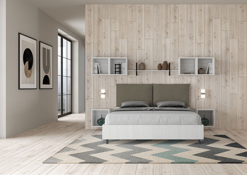 Letto Matrimoniale Struttura Bianco Frassico con Cuscini in Similpelle Egos Antea Cappuccino Varie Misure