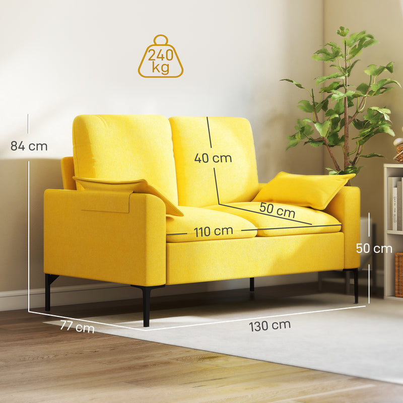 Divano 2 Posti Design Moderno 130x77x84 cm con Cuscini Rivestimento in Tessuto Spugna Giallo  
