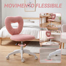 Sedia da Ufficio Imbottita 45x56x78-88 cm con Schienale a Cuore e Rotelle in Velluto Teddy e Plastica Rosa      