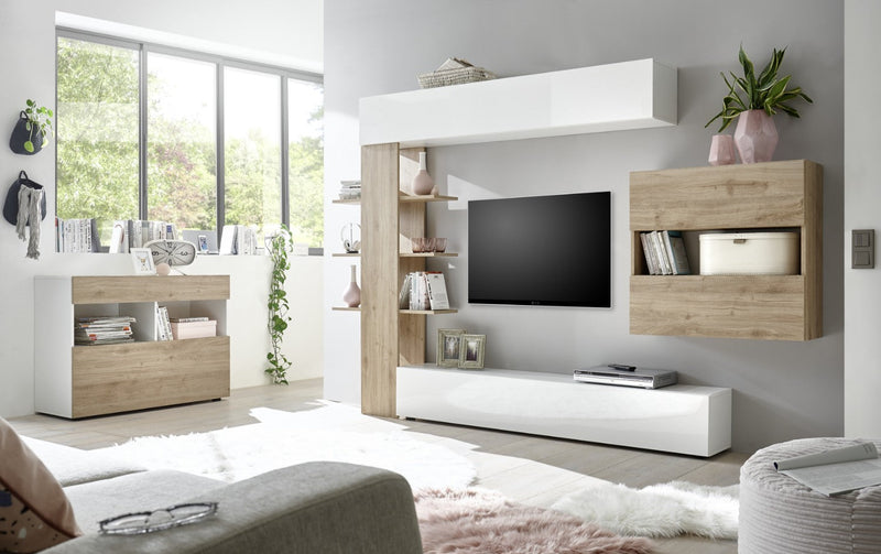 Parete Attrezzata Mobili Soggiorno Mobile TV Libreria 2 Pensili TFT Akira 1 Bianco e Rovere