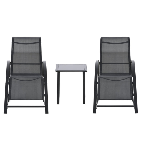 acquista Set 2 Lettini Prendisole e Tavolino con Ripiano 59x169x66 cm in Tessuto Traspirante e Metallo Nero