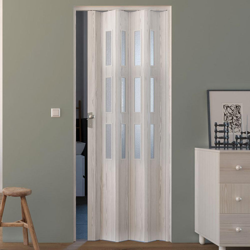 Porta a Soffietto da Interno 88,5x214 cm in PVC con Vetro Florance Pino Sbiancato