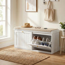 Panca Scarpiera 104x26x47 cm con Cuscino Imbottito 2 Cassetti Ribaltabili per 8-10 Paia di Scarpe in MDF e Tessuto Bianco      