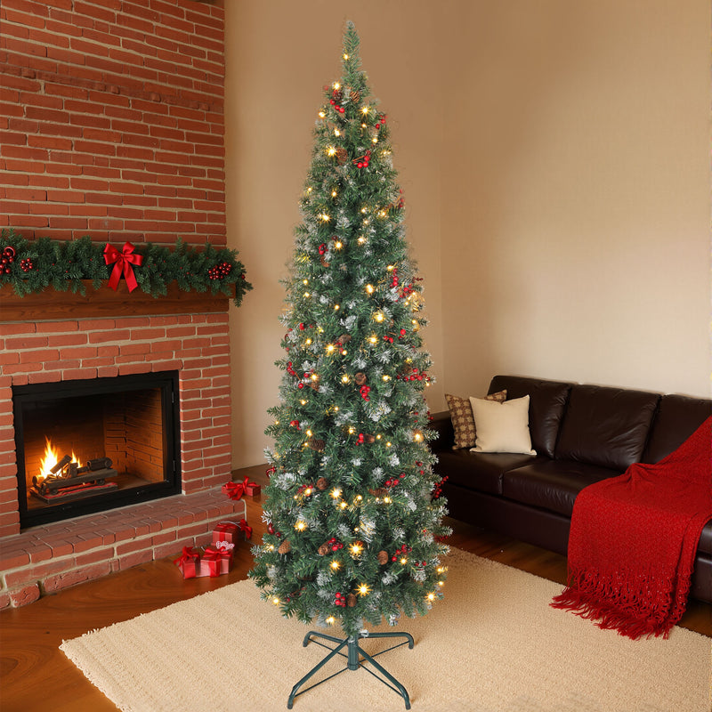 Albero di Natale Innevato 180 cm con 200 Luci LED con 42 Pigne e 42 Grappoli di Bacche Verde e Argento      