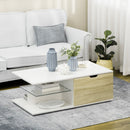 Tavolino da Caffè  106x58x39 cm con Cassetti e Ripiano in Vetro in Truciolato Bianco
