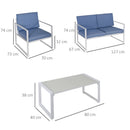 Set Salotto da Giardino Divano 2 Poltrone e Tavolino in Metallo Bianco e Blu