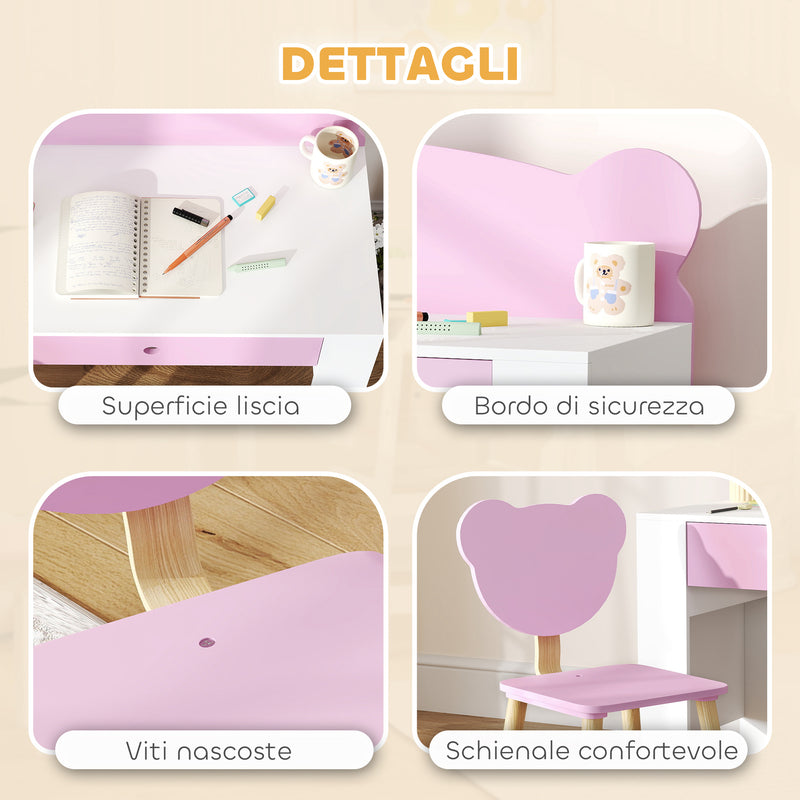 Banco Scuola con Sedia per Bambini Schienale a Orsetto Età 3-8 Anni in MDF e Legno Rosa   