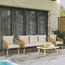 Set da Giardino 4 Pezzi con Divano 2 Poltrone e Tavolino Basso in Rattan Bianco Crema    