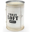 Tavolino Contenitore Bidone Tondo Struttura in Metallo Bianco e Ripiani in Legno