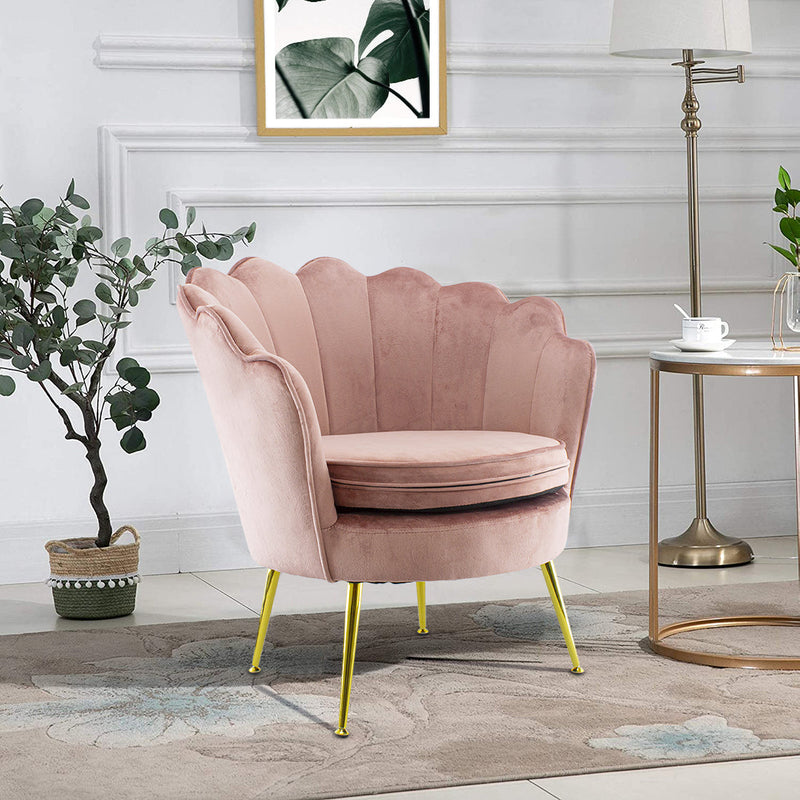 Poltrona Imbottita Schienale a Conchiglia in Velluto Piedi Oro Rosa antico