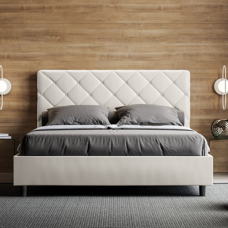 Letto Matrimoniale con Testata e Alzata Comoda Imbottito in Similpelle Priya Bianco Varie Misure