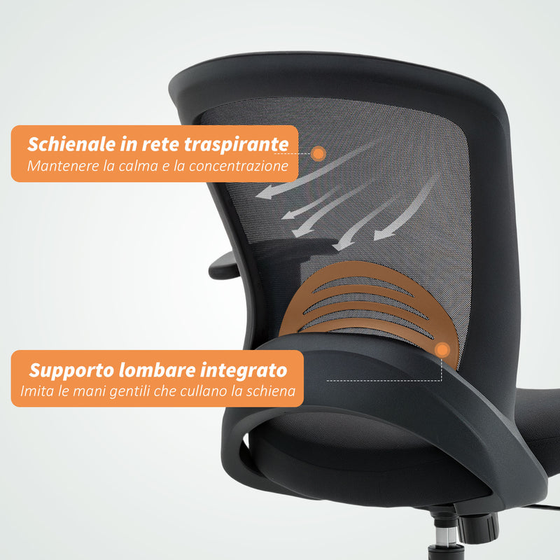 Sedia da Ufficio Traspirante e Reclinabile 65x59x92,5-102,5 cm in Tessuto a Rete Nero   